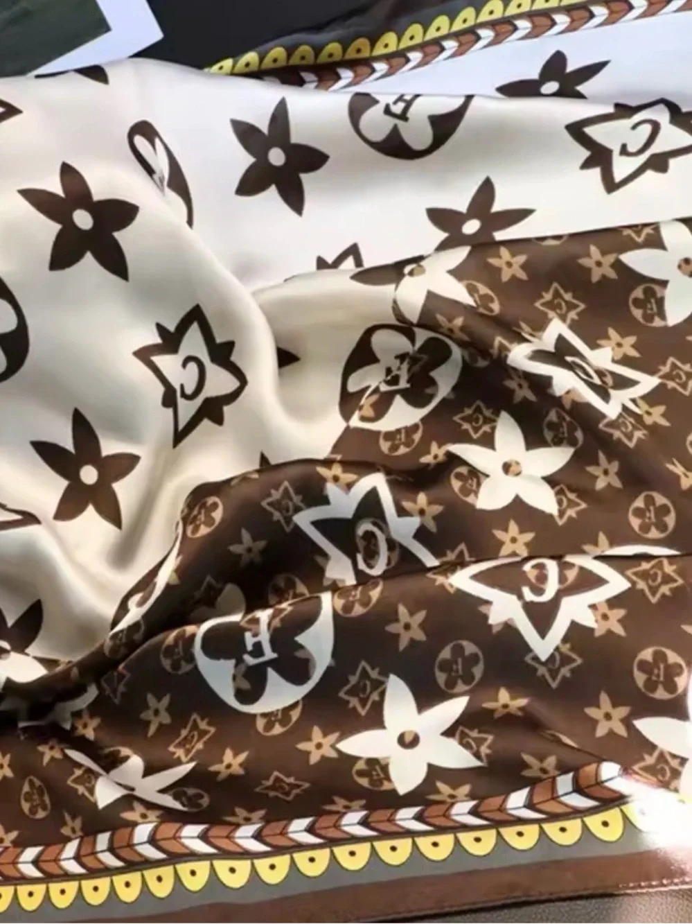 Luxury-Inspired Brown Floral Logo Silk Scarf